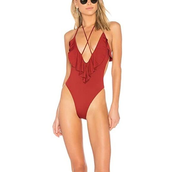 Blue Life Ruffled Romance One Piece Swim Suit Red